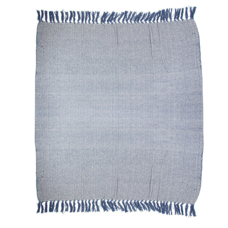 Sass & Belle Blue Herringbone Blanket Throw Warm Bedspread Chair Home Cotton