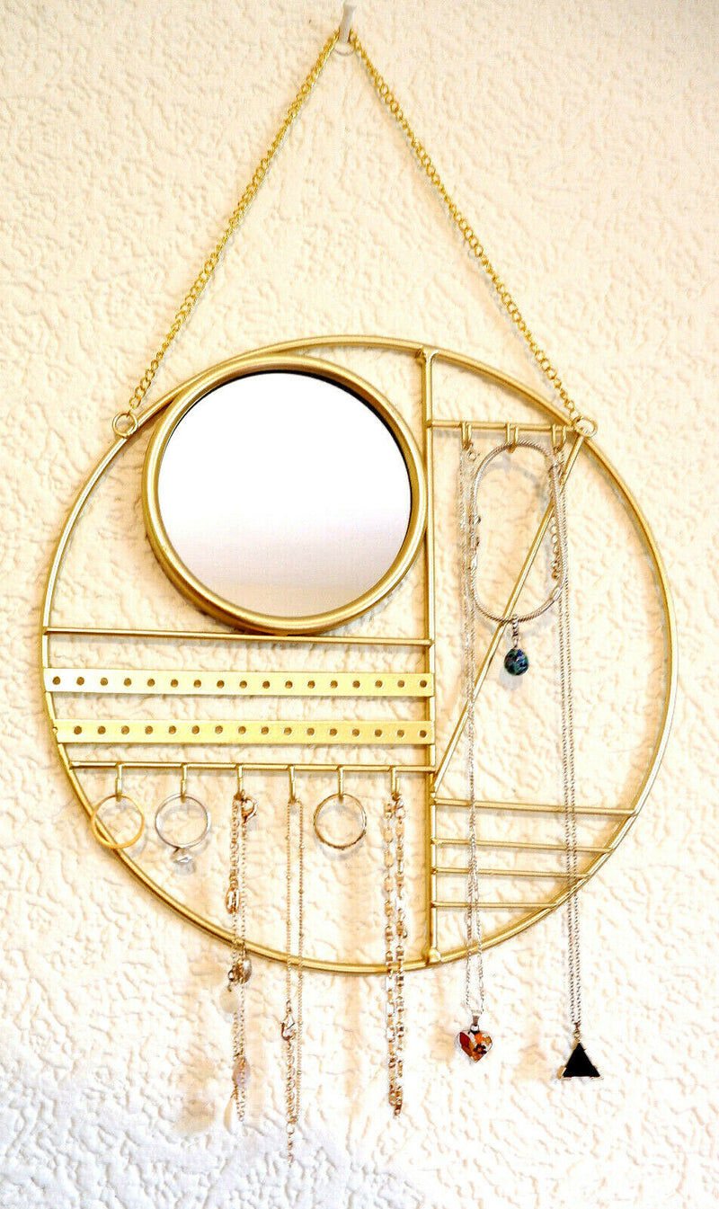 Abstract Gold Jewellery Hanger with Mirror Bedroom Necklace Earring Display Ring
