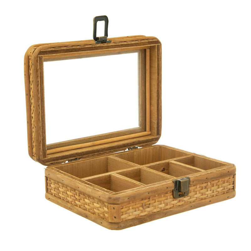 Sass & Belle Rattan Jewellery Box with Glass Lid Window Necklace Rings Storage