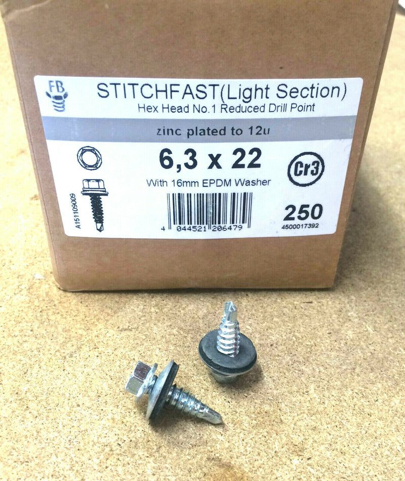 6.3 x 22 Hex Head STITCHING Roofing TEK Screws For LIGHT SECTION STEEL - 250