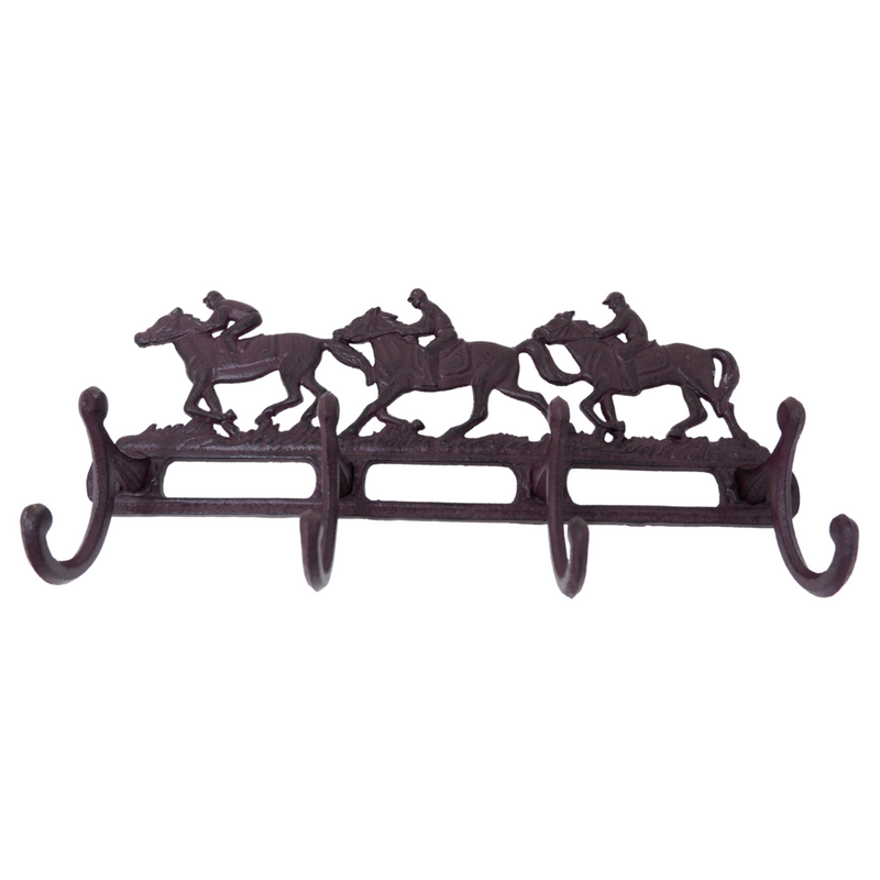 Cast Iron Race Horse & Jockey Coat Key Wall Rack  4 Hooks Pegs Stable Wall House